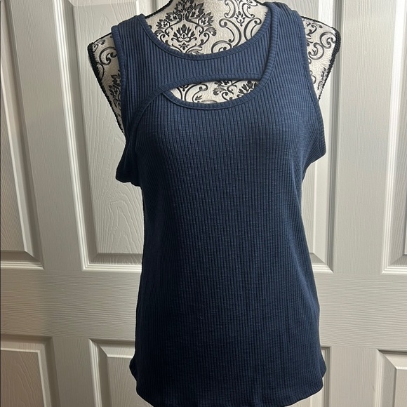 Nine West Blue Ribbed Cut Out Tank Top - Picture 1 of 6
